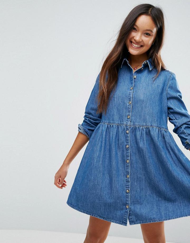 Asos Denim Smock Shirt Dress In Mid Wash Blue - Blue