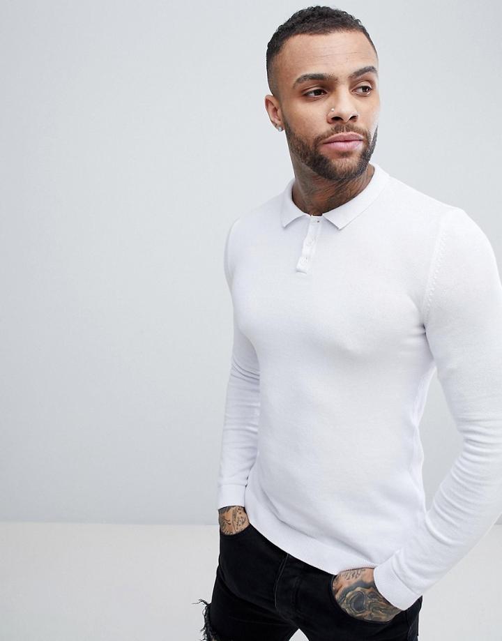 Asos Knitted Muscle Fit Polo Shirt In White - White