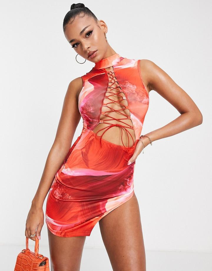 Simmi Lace Front Slit Front Mini Dress Orange Marble Print-multi