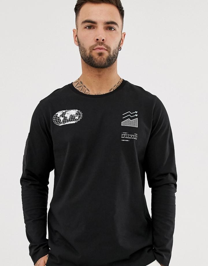 Jack & Jones Core Graphic Long Sleeve T-shirt In Black