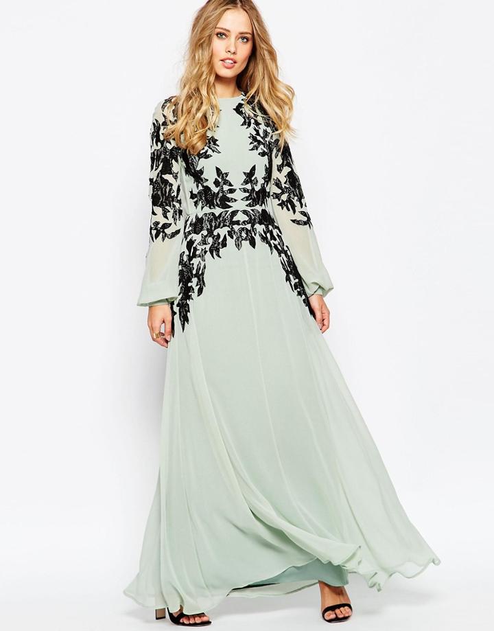 Asos Lace Placed Caftan Maxi Dress - Green
