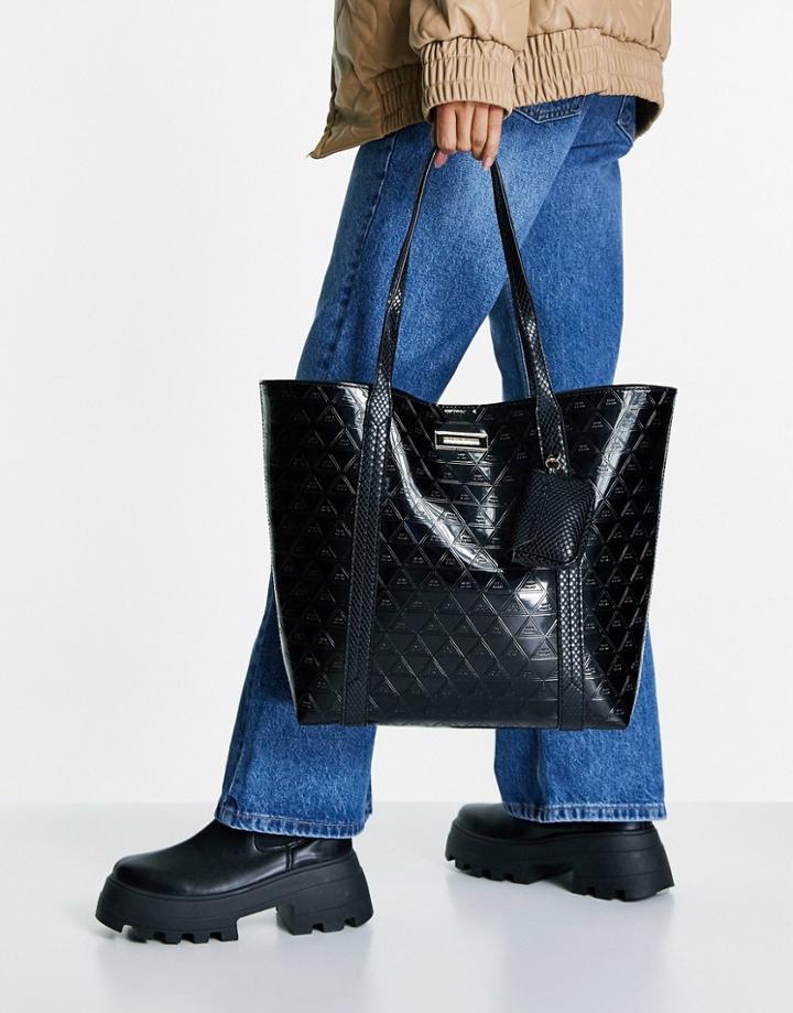 River Island Triangle Embossed Patent Shoulder Bag In Black