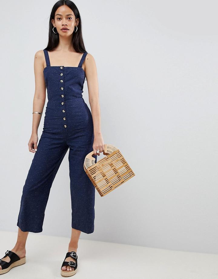 Asos Design Textured Denim Button Through Jumpsuit - Blue