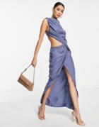 Asos Design Drape Neck Midi Dress With Side Cut Out Detail In Textured Crepe-blue