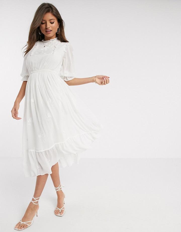 River Island Broderie Smock Midi Dress In White