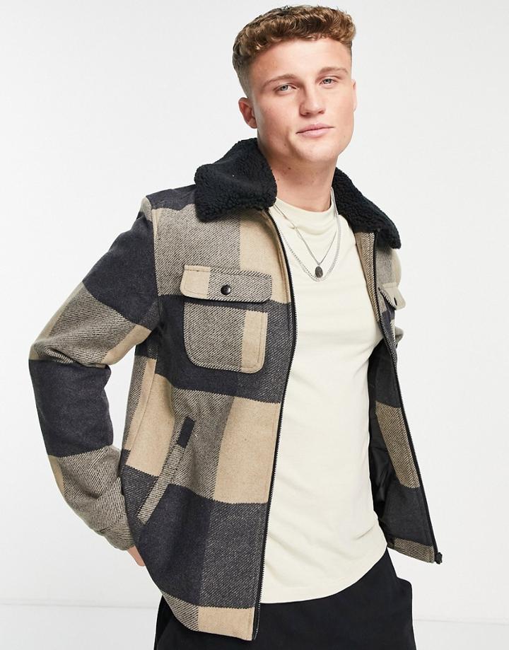 Only & Sons Plaid Trucker Jacket With Borg Collar In Beige-neutral