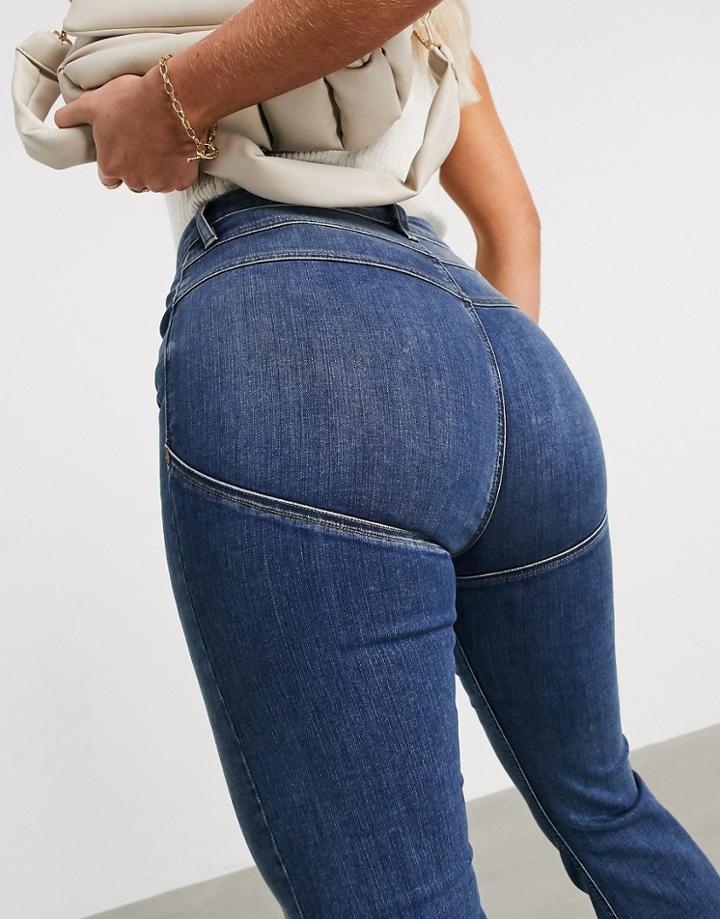 Asos Design High Rise 'lift And Contour' Flare Jeans In Midwash-blues