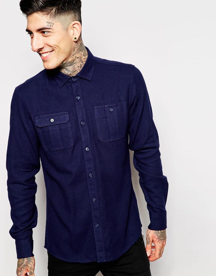 Threadbare Brushed Herringbone Shirt - Navy