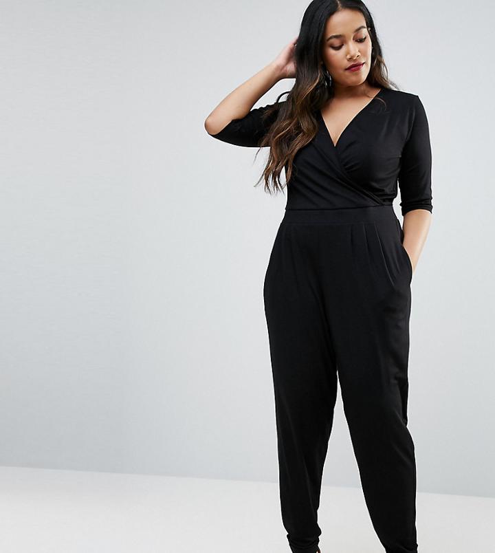 Asos Design Curve Wrap Jumpsuit With 3/4 Sleeve-black