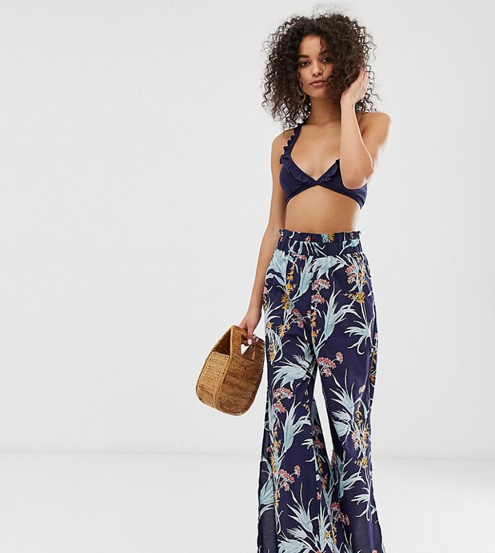 Warehouse Wide Leg Beach Pants In Navy Palm Print - Navy