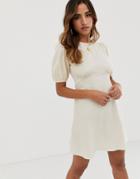 Asos Design Linen Mini Dress With Puff Sleeves - Beige