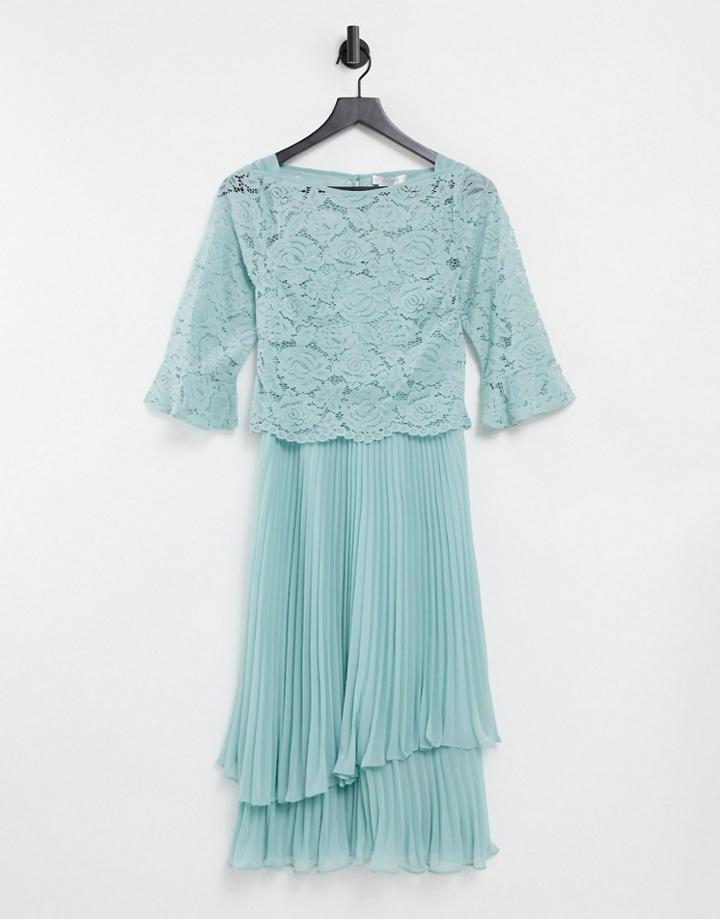 Oasis Bridesmaid Tiered Midi Dress With Flute Sleeve In Light Blue-green
