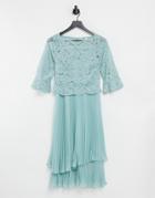 Oasis Bridesmaid Tiered Midi Dress With Flute Sleeve In Light Blue-green