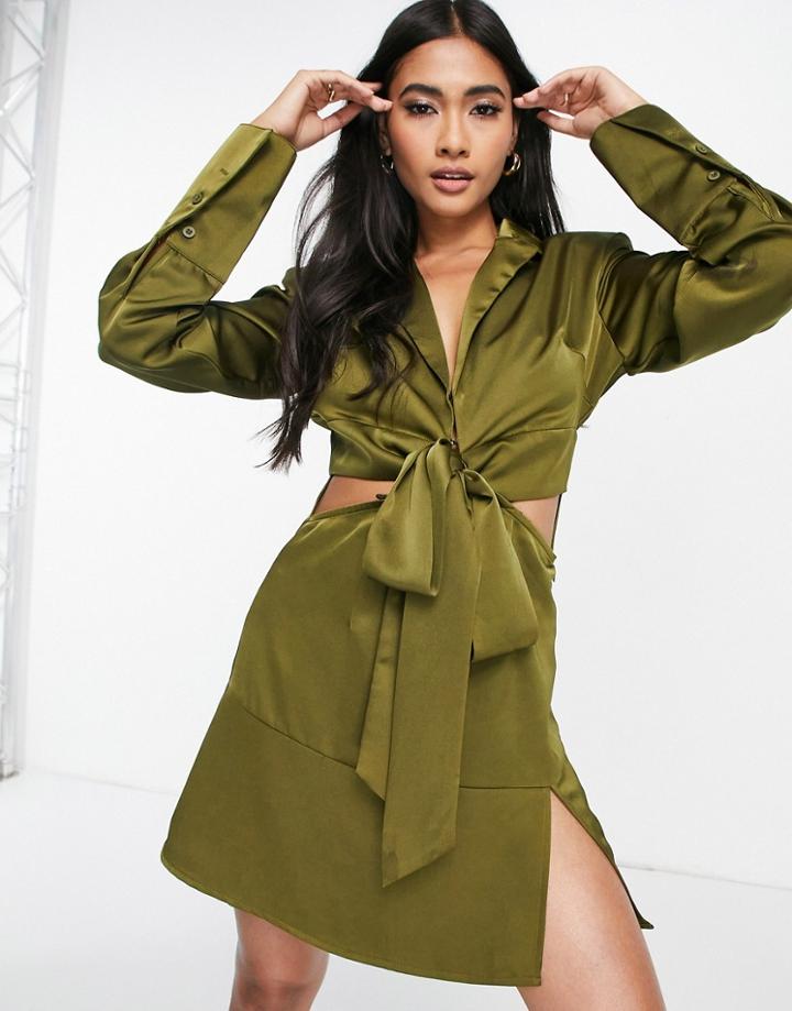 Amy Lynn Satin Blazer Dress With Cut Outs In Khaki-green