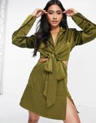 Amy Lynn Satin Blazer Dress With Cut Outs In Khaki-green