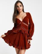 Asos Design Lace Insert Mini Dress With Button Detail In Velvet-brown