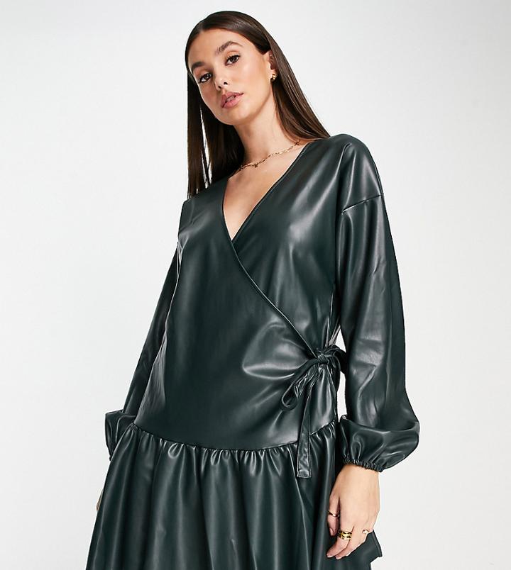 Asos Design Tall Leather-look Wrap Front Mini Smock Dress In Forest Green