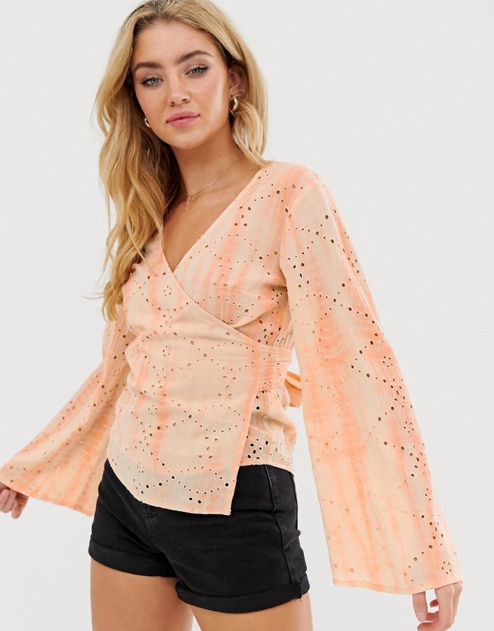Asos Design Wrap Top In Broderie Tie Dye - Orange