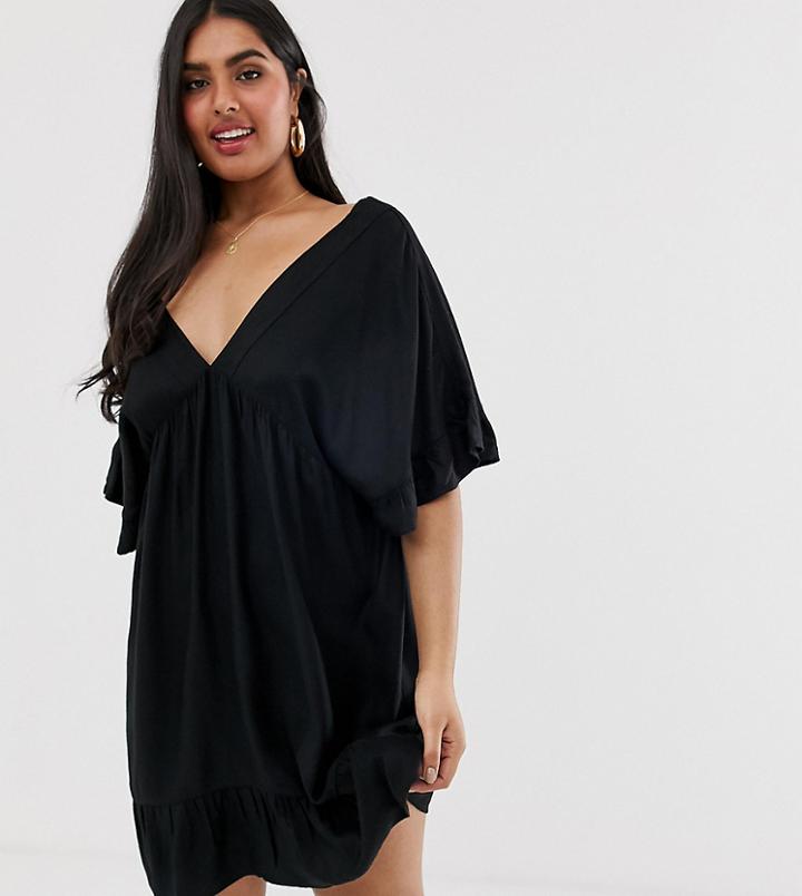 Asos Design Curve V Front V Back Smock Mini Dress With Pep Hem-black