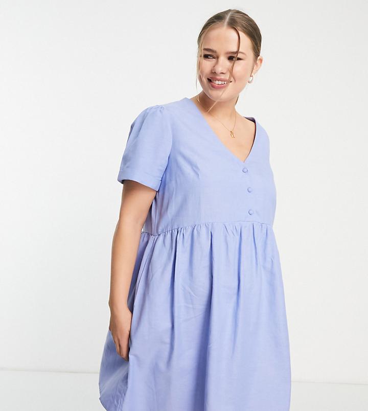 Simply Be Short Sleeve Linen Smock Dress In Powder Blue