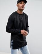 Asos Longline Raglan Long Sleeve T-shirt With Cut Out Hem Detail - Black