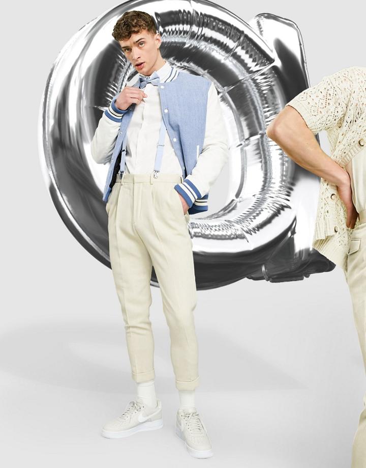 Asos Design Tapered Smart Pants In Stone Wool Mix With Turn Up-neutral