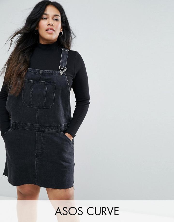 Asos Curve Denim Overall Dress In Washed Black - Black