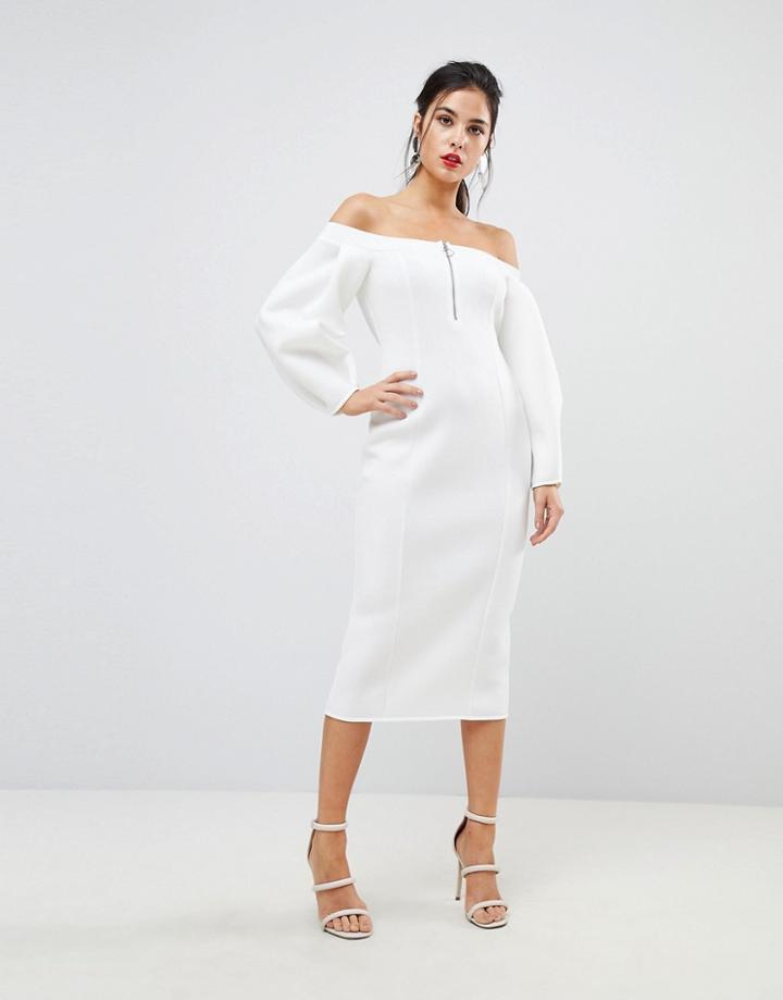 Asos Premium Off Shoulder Midi Dress With Zip Front - Cream