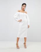 Asos Premium Off Shoulder Midi Dress With Zip Front - Cream
