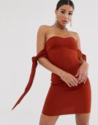 Koco & K Tie Sleeve Bardot Mini Dress In Woven - Red