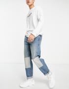 Topman Relaxed Patch Jeans In Mid Wash Blue-blues