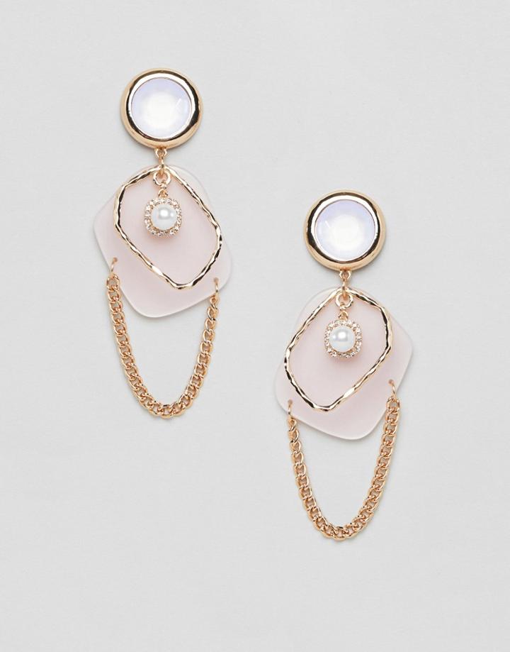 Asos Design Earrings In Abstract Open Shape Design With Pearl And Resin In Gold - Gold