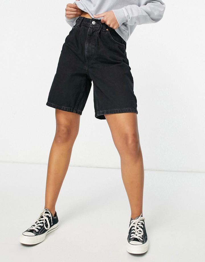 Asos Design Organic Cotton Blend Denim High Rise 'dad' Shorts In Washed Black