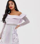 True Decadence Petite Exaggerated One Shoulder Mini Dress With Contrast Lace Panels In Tonal Lilac-purple