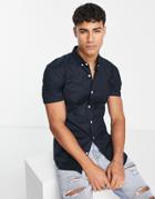 New Look Smart Short Sleeve Muscle Fit Oxford Shirt In Navy