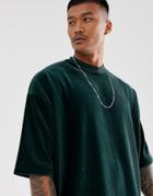 Asos Design Oversized T-shirt With Half Sleeve In Ribbed Velour In Green - Green