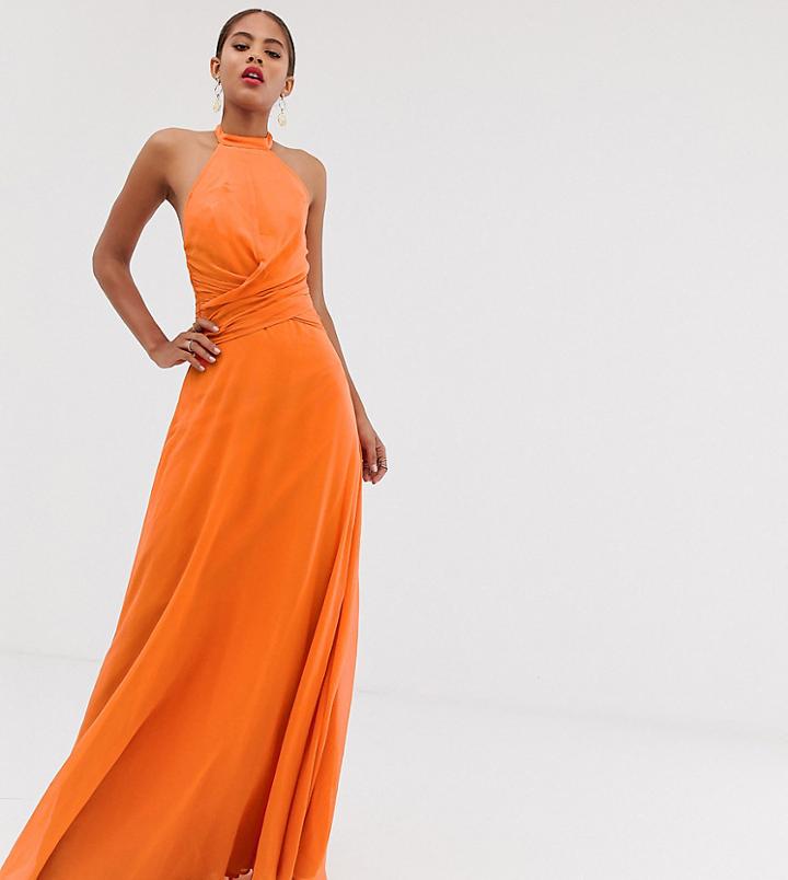 Asos Design Tall Maxi Dress With High Neck And Drape Waist Detail - Orange