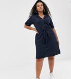 Pink Clove Tie Waist Shirt Dress With Button Front In Navy - Navy