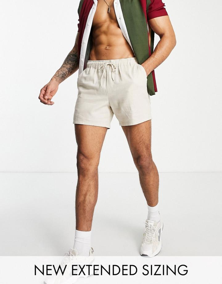 Asos Design Linen Slim Shorts In Beige-neutral