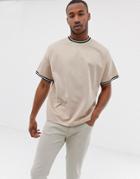 Asos Design Oversized Longline T-shirt With Contrast Tipping In Poly Tricot - Beige