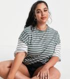 Asos Design Curve Oversized T-shirt In Cut-about Stripe In Washed Sage-green