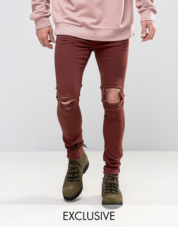 Mennace Skinny Jeans With Distressing In Burgundy - Red