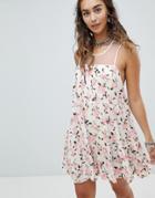 En Creme Mini Swing Dress With Sheer Mesh Back In Ditsy Floral - White