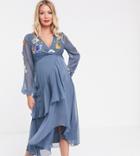 Asos Design Maternity Wrap Midi Dress With Garden Floral Embroidery-blue