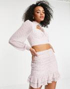 Love Triangle Ruched Mini Skirt With Flounced Hem In Multi Lilac Floral Set