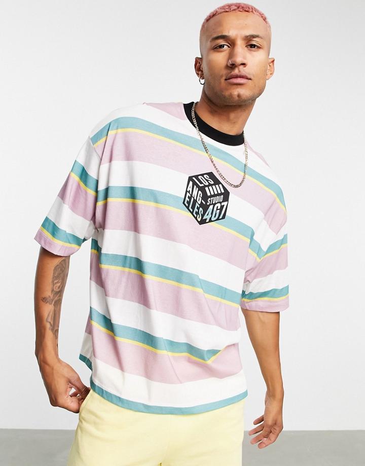 Asos Design Oversized Stripe T-shirt In Lilac Organic Cotton With Chest Print-purple