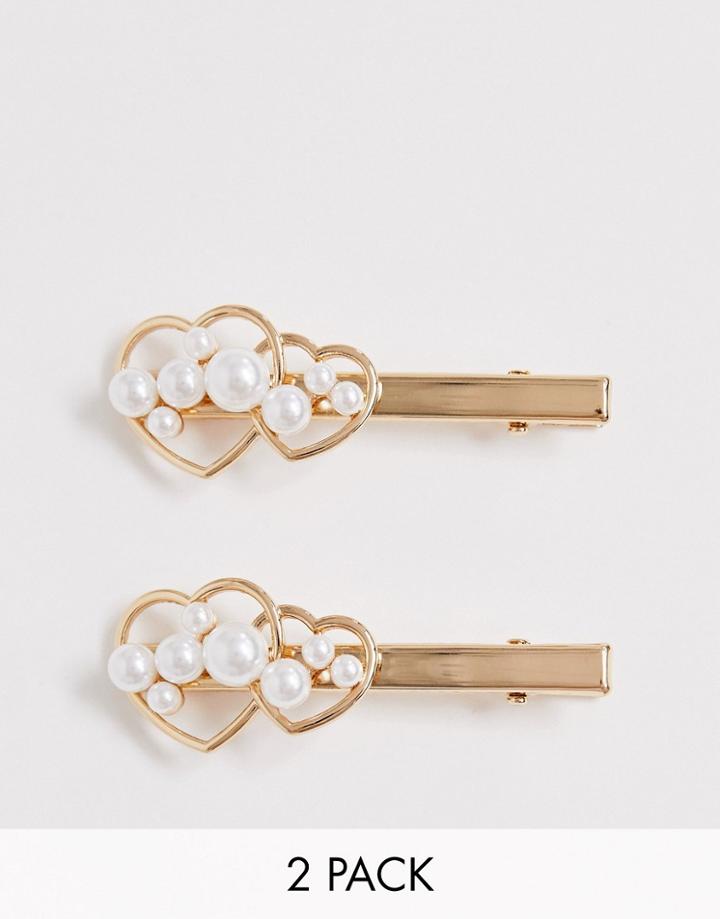 Asos Design Pack Of 2 Hair Clips In Pearl Studded Heart Design In Gold Tone - Gold