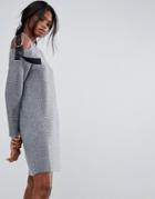 Asos Knitted Dress With Cold Shoulder And Tie Detail - Gray