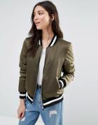Brave Soul Retro Bomber With Quilted Sleeves And Contrast Hem - Green