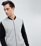Asos Design Tall Jersey Bomber Jacket In Grey Nep With Contrast Sleeves - Gray